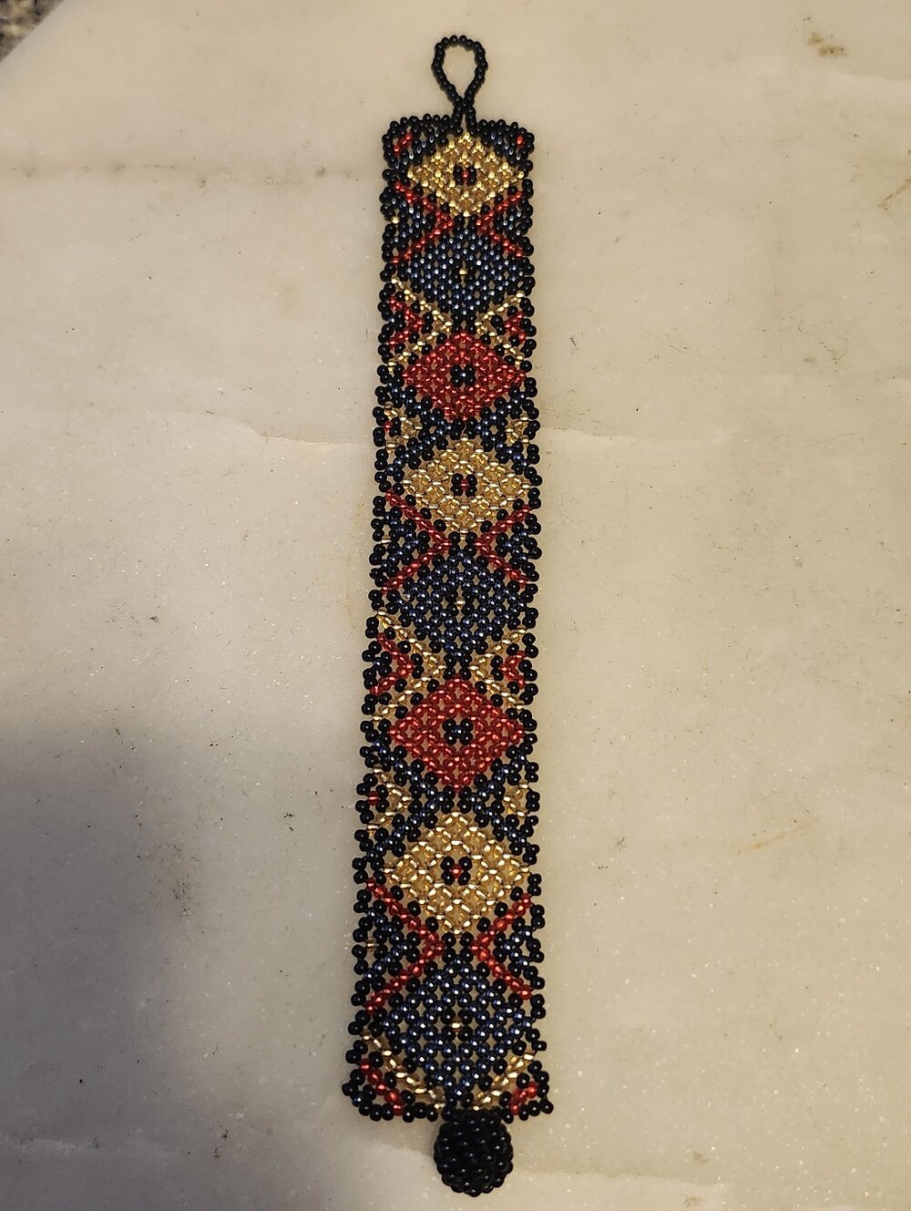 Handmade Seed Bead Bracelet - Black, Gold & Red